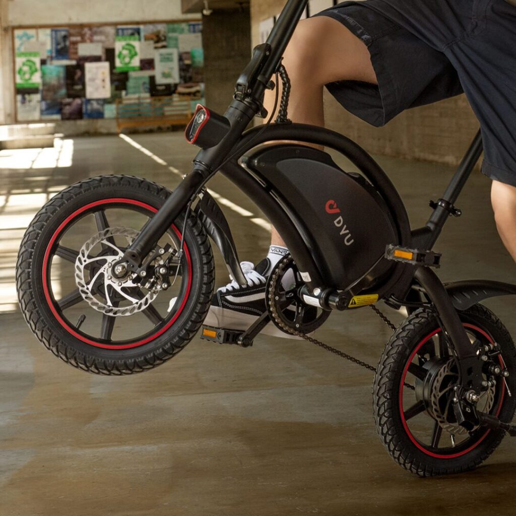 DYU D3F folding electric bike with 250W motor, 36V 10Ah battery, steel frame, 14-inch wheels, and mechanical disc brakes—compact, lightweight, and powerful for urban adventures.