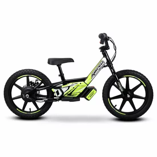 Side profile of a black and green Amped Electric Balance Bike