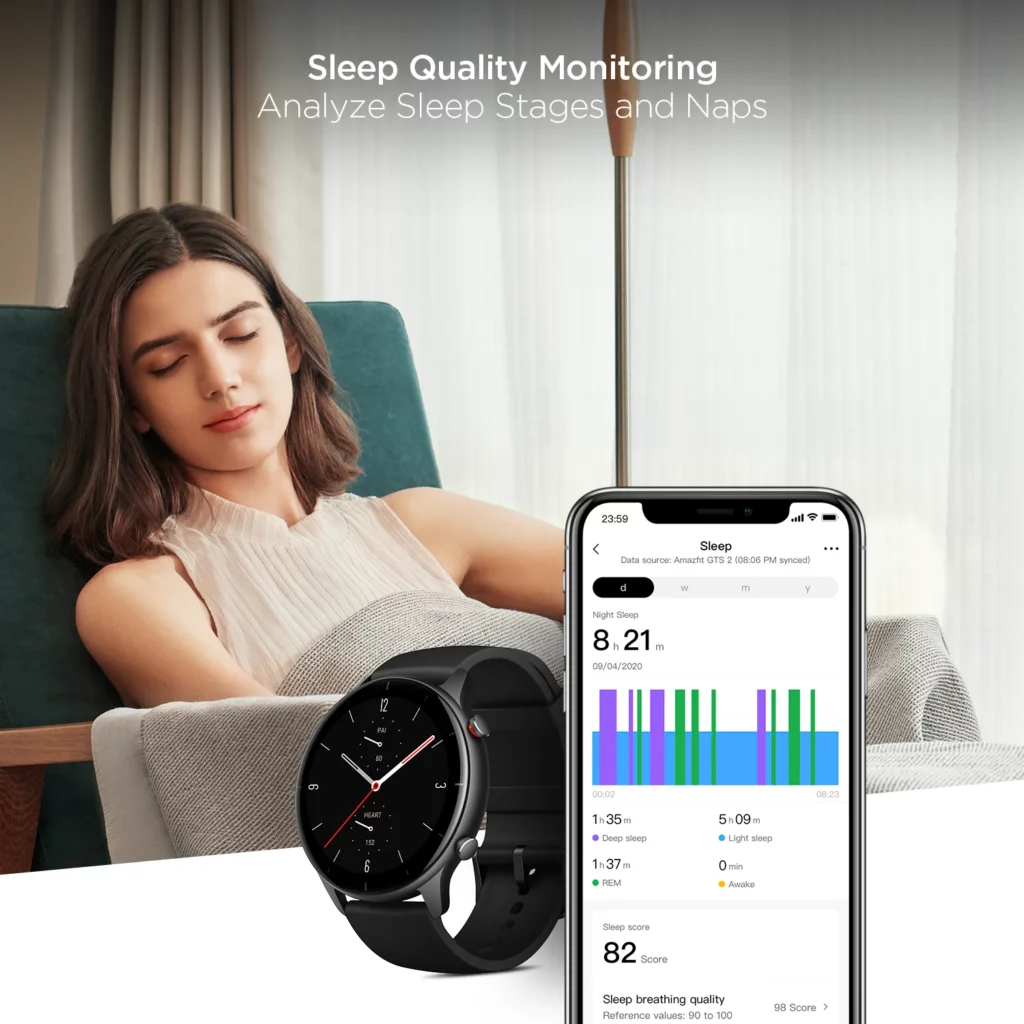 Amazfit GTR 2e in slate grey being worn by a woman whilst sleeping