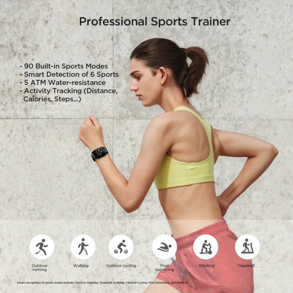 Lady wearing the Amazfit GTS 2 whilst running in a yellow top, icons to her left showing some of the different sports the watch can track
