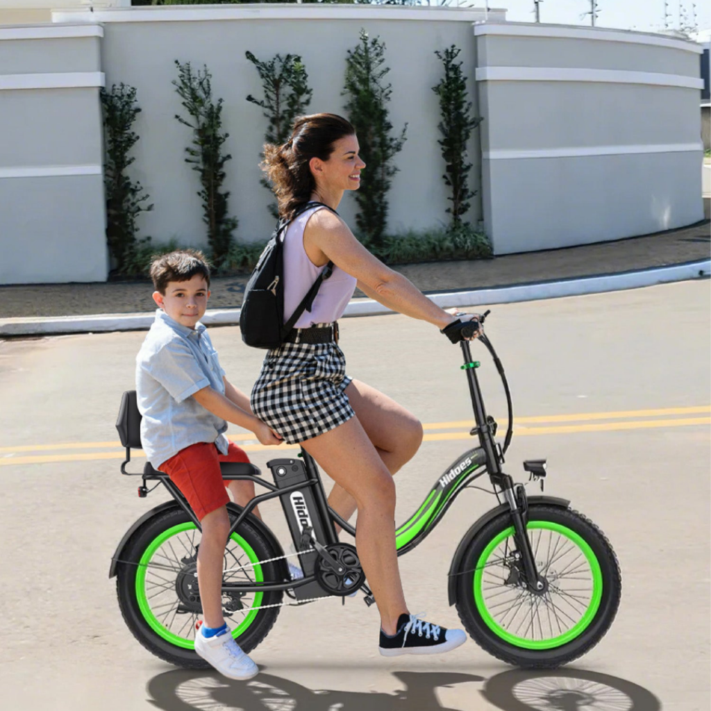 Hidoes C1 folding electric bike with 350W motor, 36V 10.4Ah battery, rear passenger seat, fat tyres, and mechanical disc brakes – compact and powerful urban e-bike.