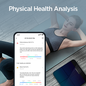 girl lying next to the Amazfit smart scale next to a close up of the app on a phone screen zoomed in