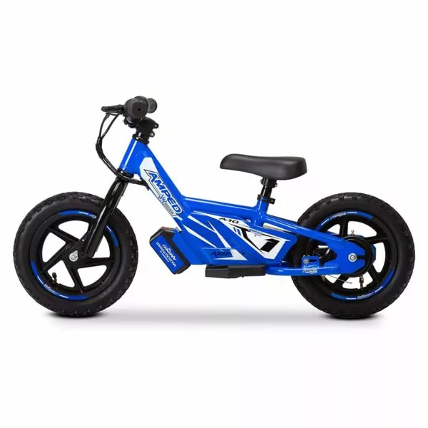 Amped A10 Electric Balance Bike in Blue, side view on a white background