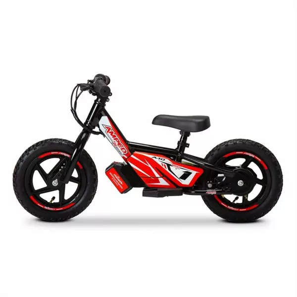 Amped A10 electric balance bike with black frame, side view