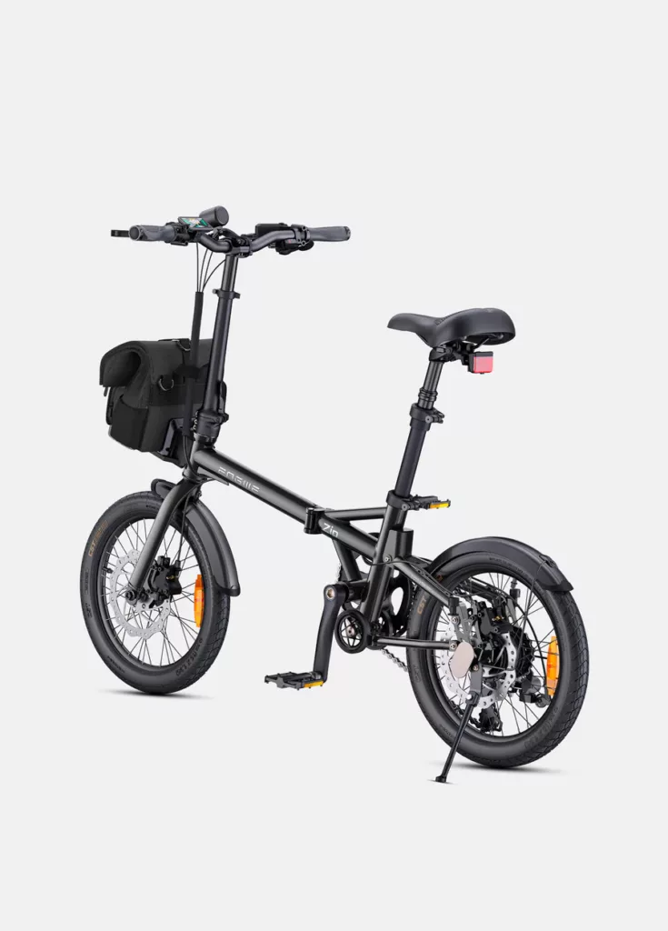 Engwe Zip lightweight folding electric bike pictured on a white background in grey and taken from the rear left