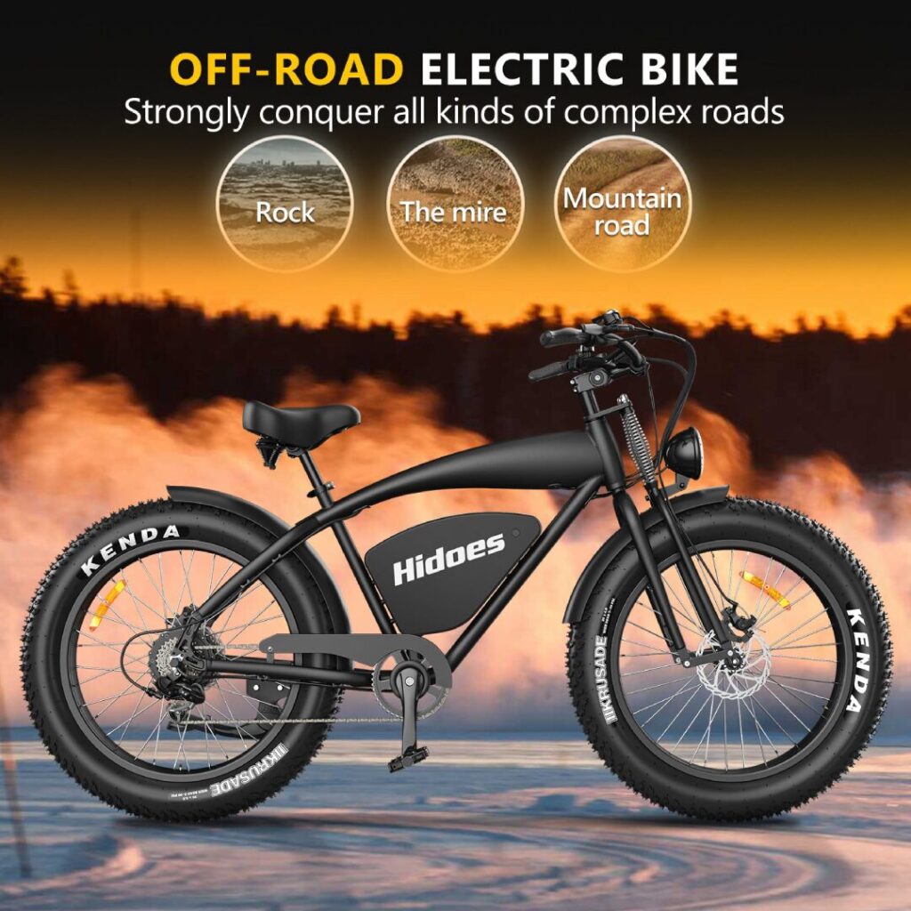 Hidoes B3 electric bike with 1200W rear hub motor, 48V 18.2Ah battery, 26x4” off-road tyres, oil disc brakes, and a rigid alloy frame – built for silent strength and tactical electric performance.
