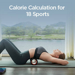 lady lying down using a foam roller looking out at a scenic view with text above explaining the sports that the amazfit smart scale can calculate