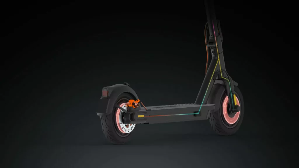 Inmotion Climber Electric Scooter from a rear view and focusing on the brakes
