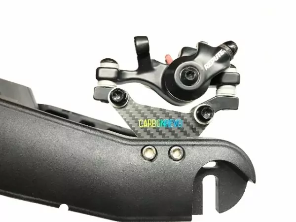 Dualtron carbon fibre brake bracket pictured on an electric scooter on a white background