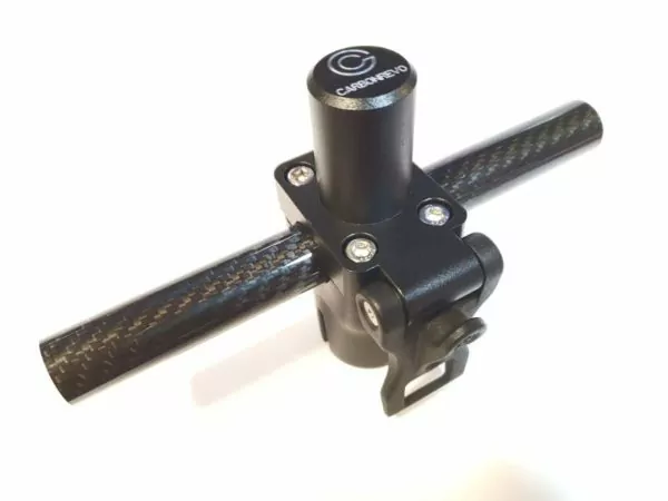 Carbonrevo Dualtron Stem Adaptor – V1A for electric scooters to have mountain bike handlebars pictured on a white background fixed to the base clamp with additional carbon fibre tube