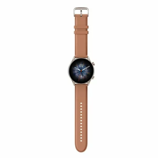 Amazfit GTR 3 Pro in brown leather on a white background laid out with strap