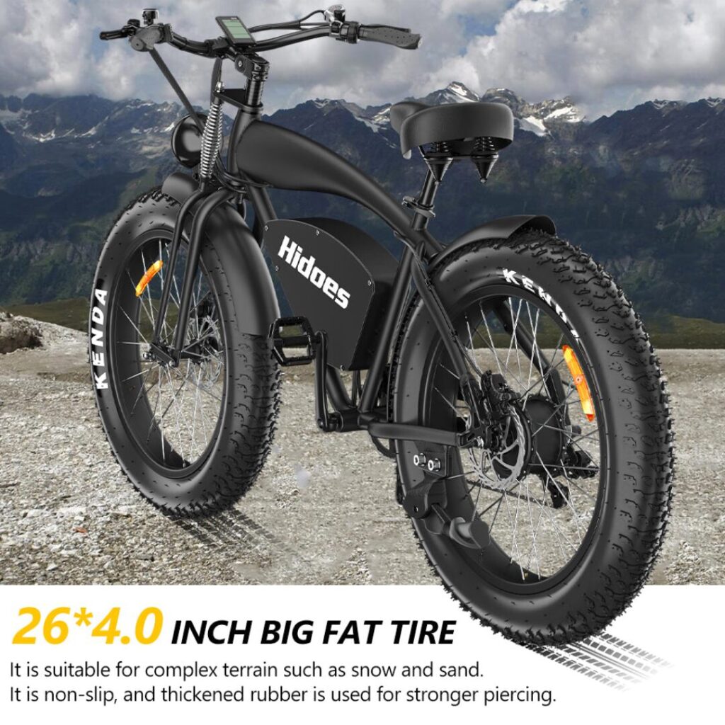 Hidoes B3 electric bike with 1200W rear hub motor, 48V 18.2Ah battery, 26x4” off-road tyres, oil disc brakes, and a rigid alloy frame – built for silent strength and tactical electric performance.