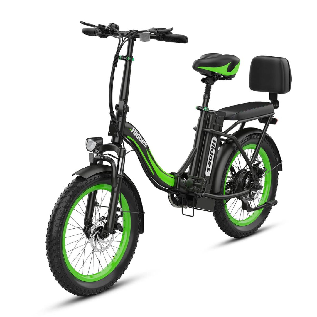 Hidoes C1 folding electric bike with 350W motor, 36V 10.4Ah battery, rear passenger seat, fat tyres, and mechanical disc brakes – compact and powerful urban e-bike.