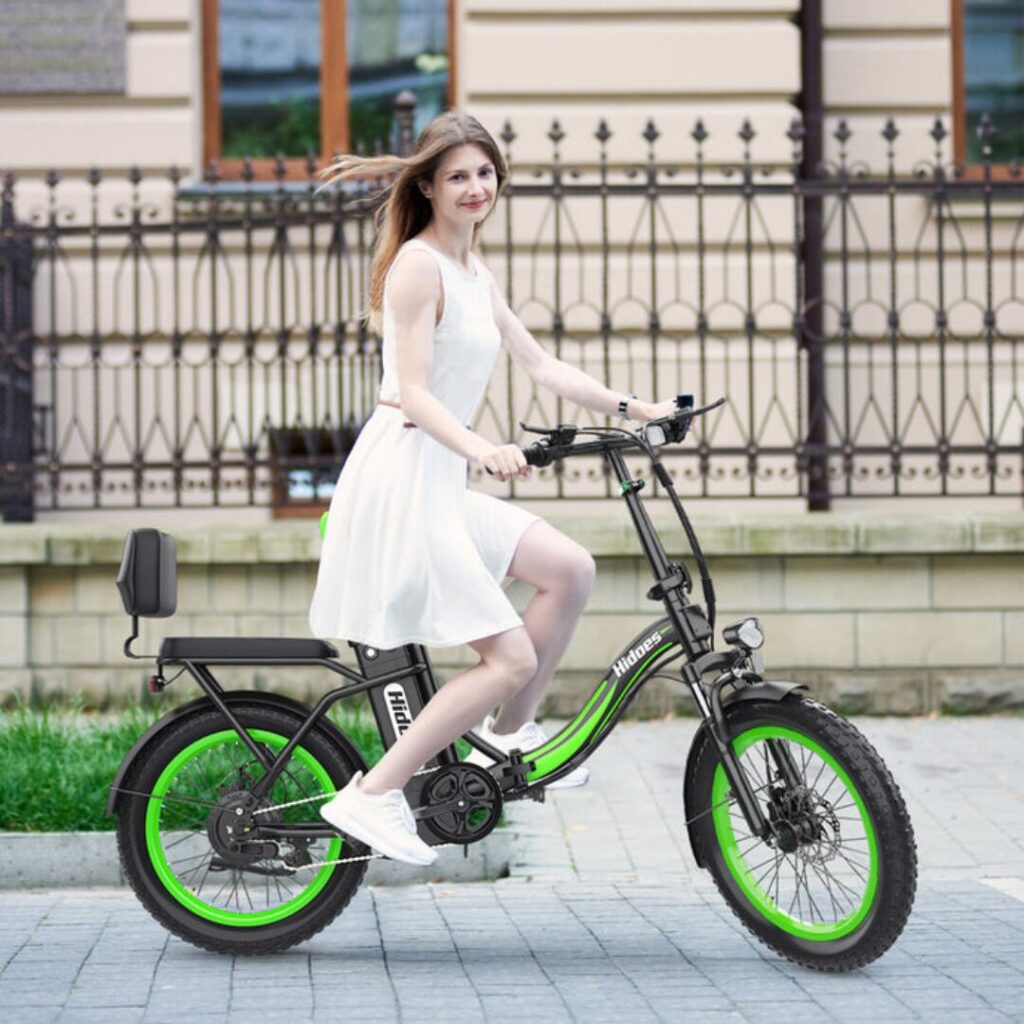 Hidoes C1 folding electric bike with 350W motor, 36V 10.4Ah battery, rear passenger seat, fat tyres, and mechanical disc brakes – compact and powerful urban e-bike.