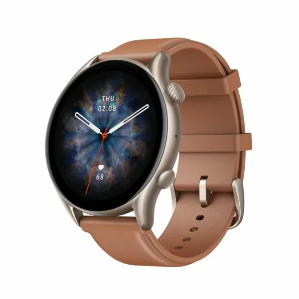 Amazfit GTR 3 Pro in brown leather on a white background front left side view