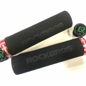 Rockbros sponge handlebar grips with red trims pictured on a white background viewed from above