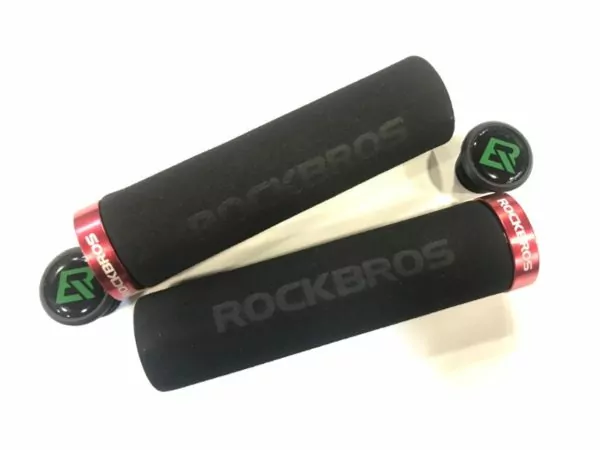 Rockbros sponge handlebar grips with red trims pictured on a white background viewed from above