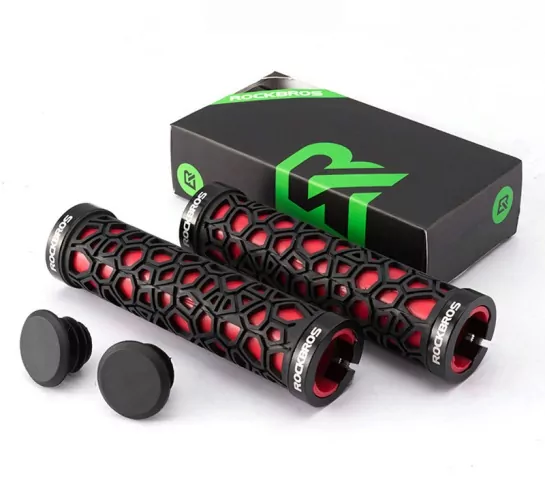 Rockbros handlebar ultra grips in red and black pictures next to the box on a white background