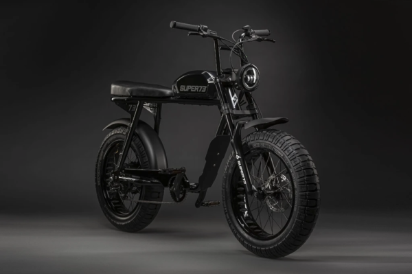 super73 S2 electric bike, all black against dark background, front side