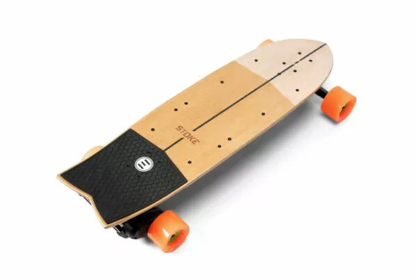 evolve stoke mini eskate with orange wheels and bamboo deck