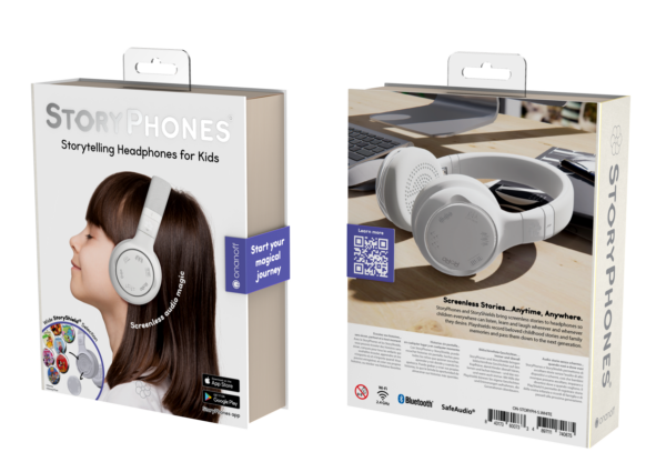 StoryPhones snow white, front and back of packaging, smart audio, kids headphones, electronic headphones, zen shields, snow white headphones