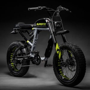 Super 73 rx electric bike in rhino grey picture from the front side on a grey background