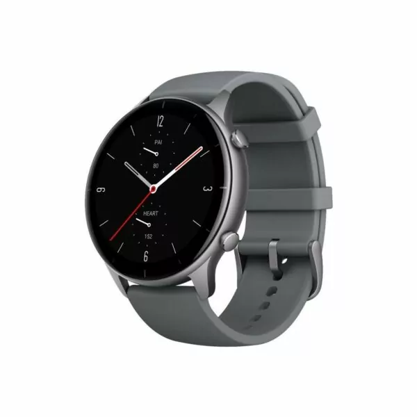 Amazfit GTR 2e in slate grey front left angled on a white background