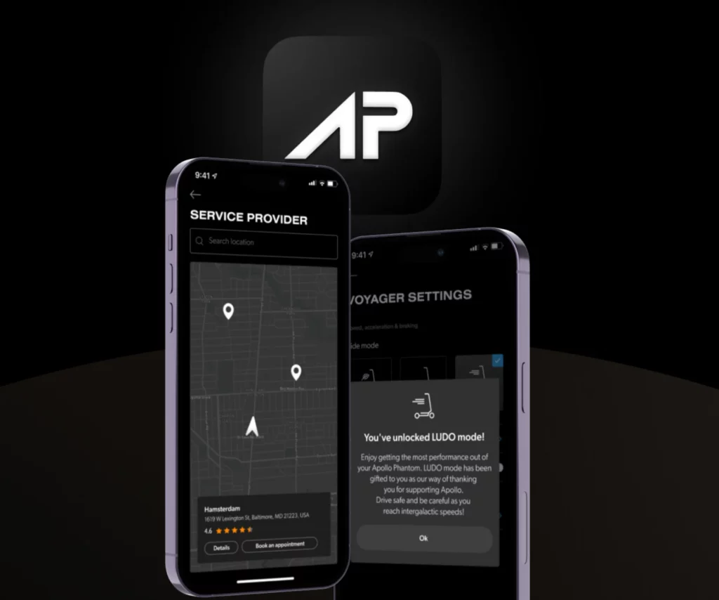 Apollo App shown on mobile phone on a black background with the apolllo logo!
