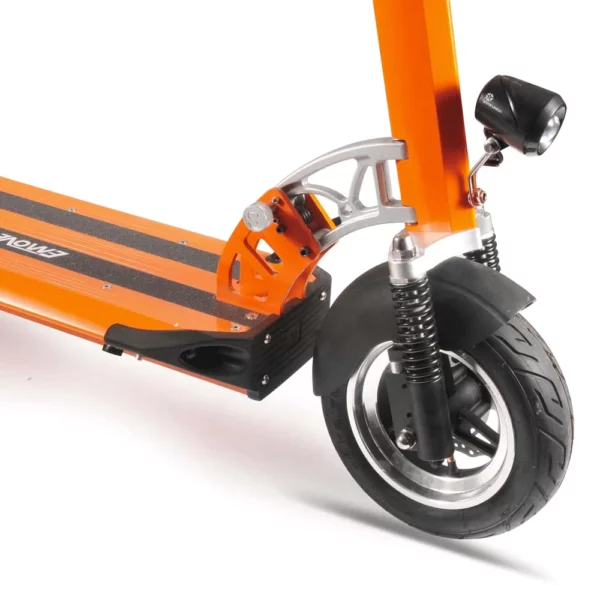 Emove Cruiser Electric Scooter in orange with a close up of front wheel
