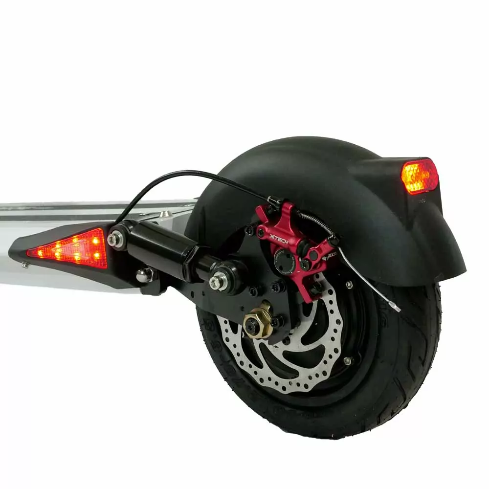 Emove Cruiser Electric Scooter close up of the rear wheel with brake visible