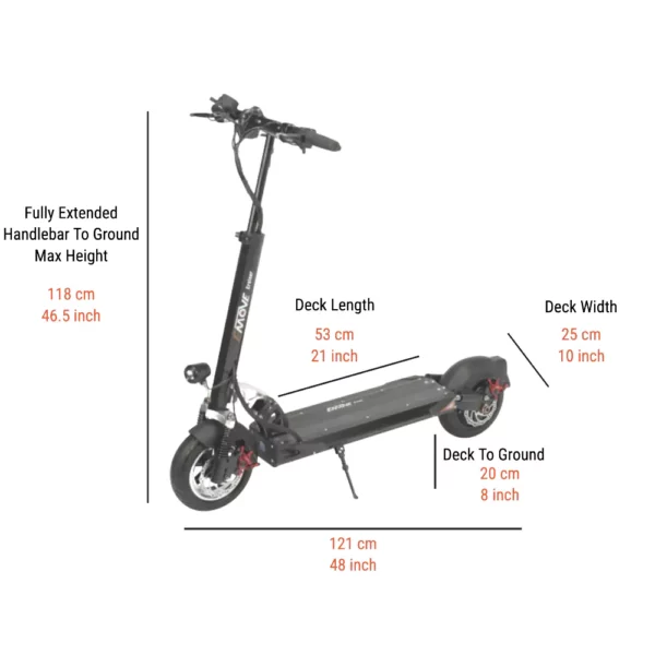 Emove Cruiser Electric Scooter in black on a white background with spec attached