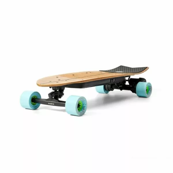 evolve stoke mini eskate with blue wheels and bamboo deck
