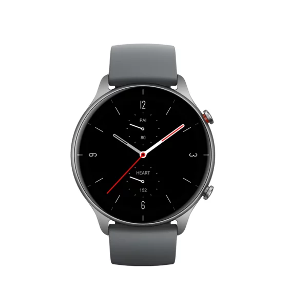 Amazfit GTR 2e in slate grey facing forward on a white background