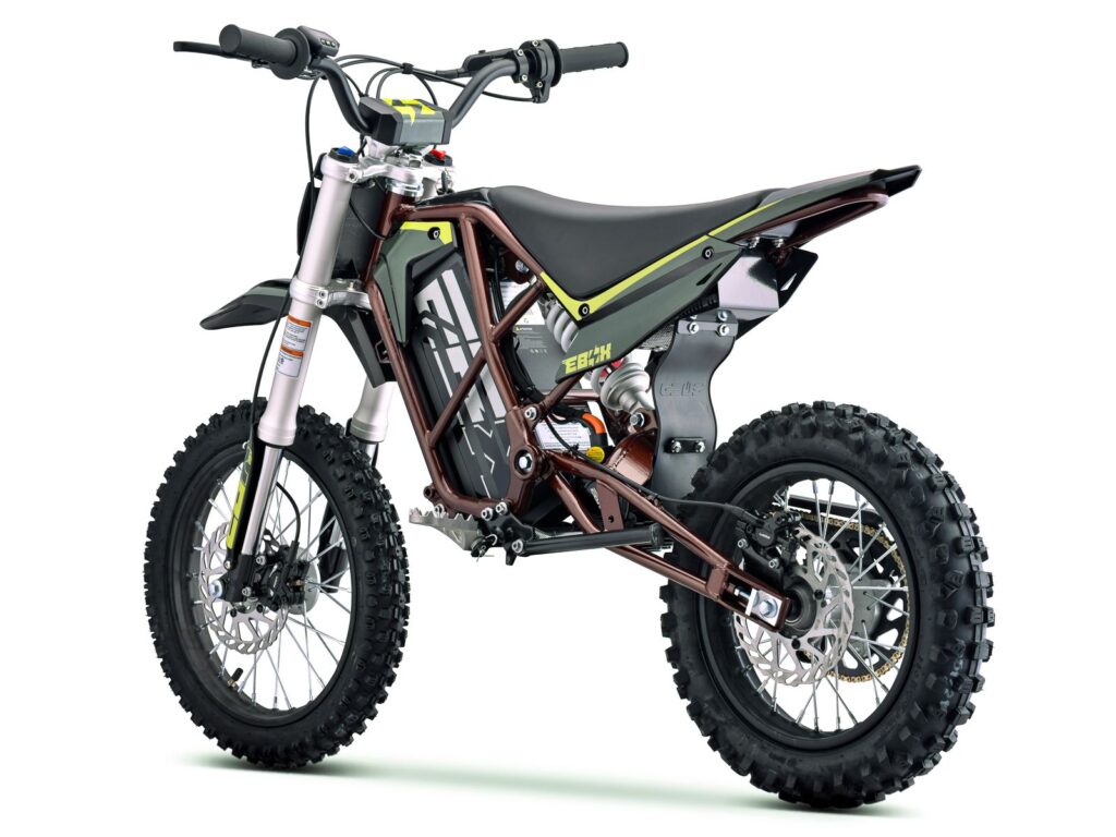 EBOX V3 60R Electric Dirt Bike in copper and green pictured from the rear left