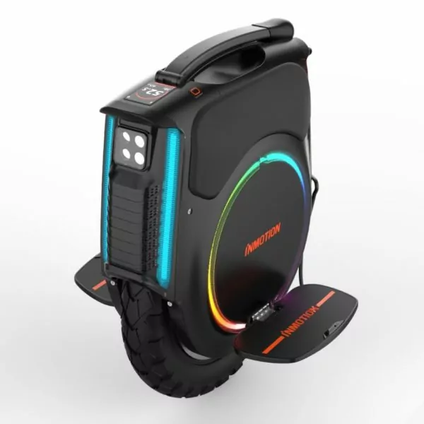 Inmotion V12 Electric Unicycle from top front side view on a white background with lights on