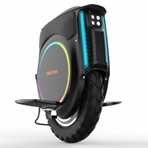 Inmotion V12 Electric Unicycle full wheel view including stand on a white background
