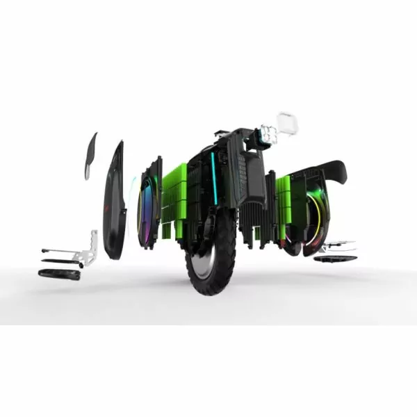 Inmotion V12 Electric Unicycle 3d breakdown of components on a white background