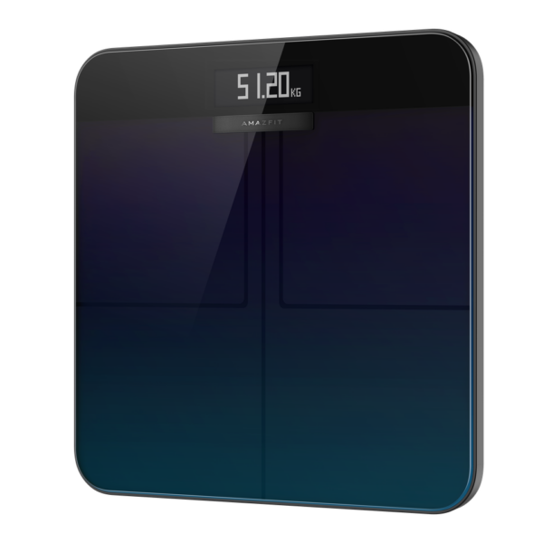 Amazfit Smart Scale - Aurora from a top side angle on a white background showing the display
