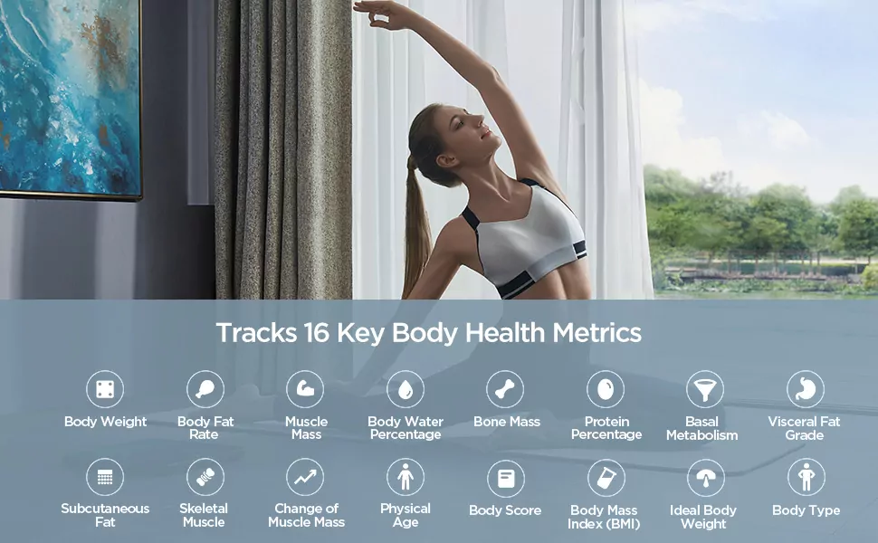 Amazfit Smart Scale features listed in front of a lady holding a yoga pose