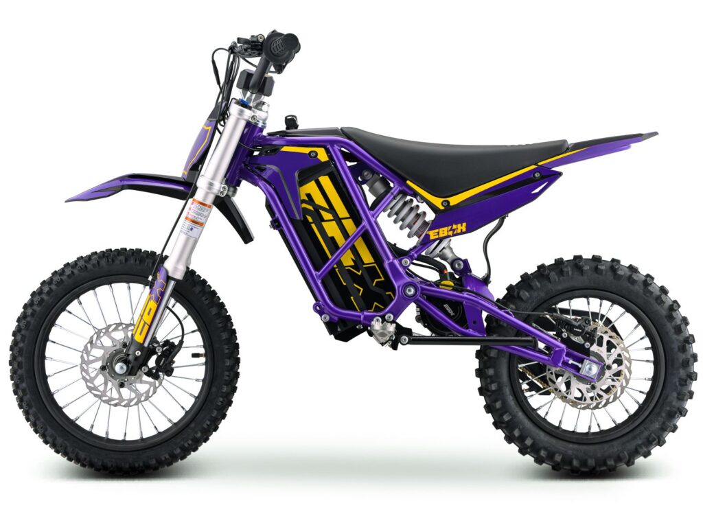 EBOX V3 60R Electric Dirt Bike in purple and gold pictured from the left side